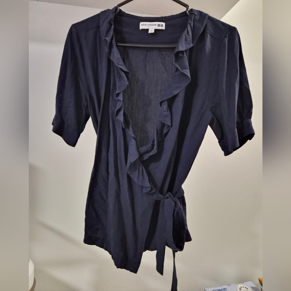 Uniqlo Dark Blue Ruffle Wrap Blouse